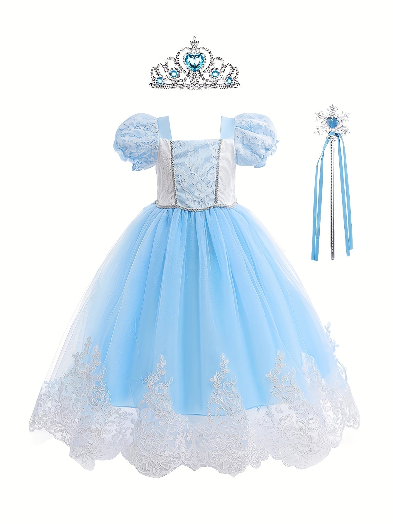 Princess Halloween Costume Dress Up Girls Fairy Tale Lace Embroidered Puff Sleev