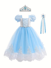 Princess Halloween Costume Dress Up Girls Fairy Tale Lace Embroidered Puff Sleev