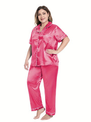 Satin Contrast Pajamas Set Short Sleeve Shirt & Pant