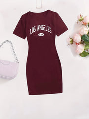 Letter Print Bodycon Dress Crew Neck Short Sleeve Casual Dress