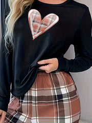 Heart Print Pajama Set Long Sleeve Crew Neck Top & Plaid Pants