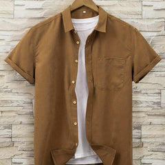 Solid Print Men's Casual Short Sleeve Shirt With Chest Pocket