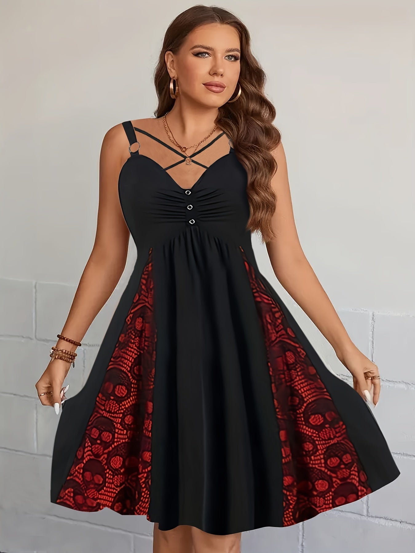Goth Cami Dress Women's Plus Skull Print Colorblock Ring Decor V Neck