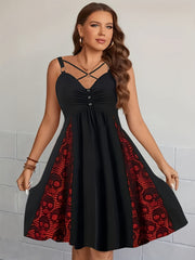 Goth Cami Dress Women's Plus Skull Print Colorblock Ring Decor V Neck