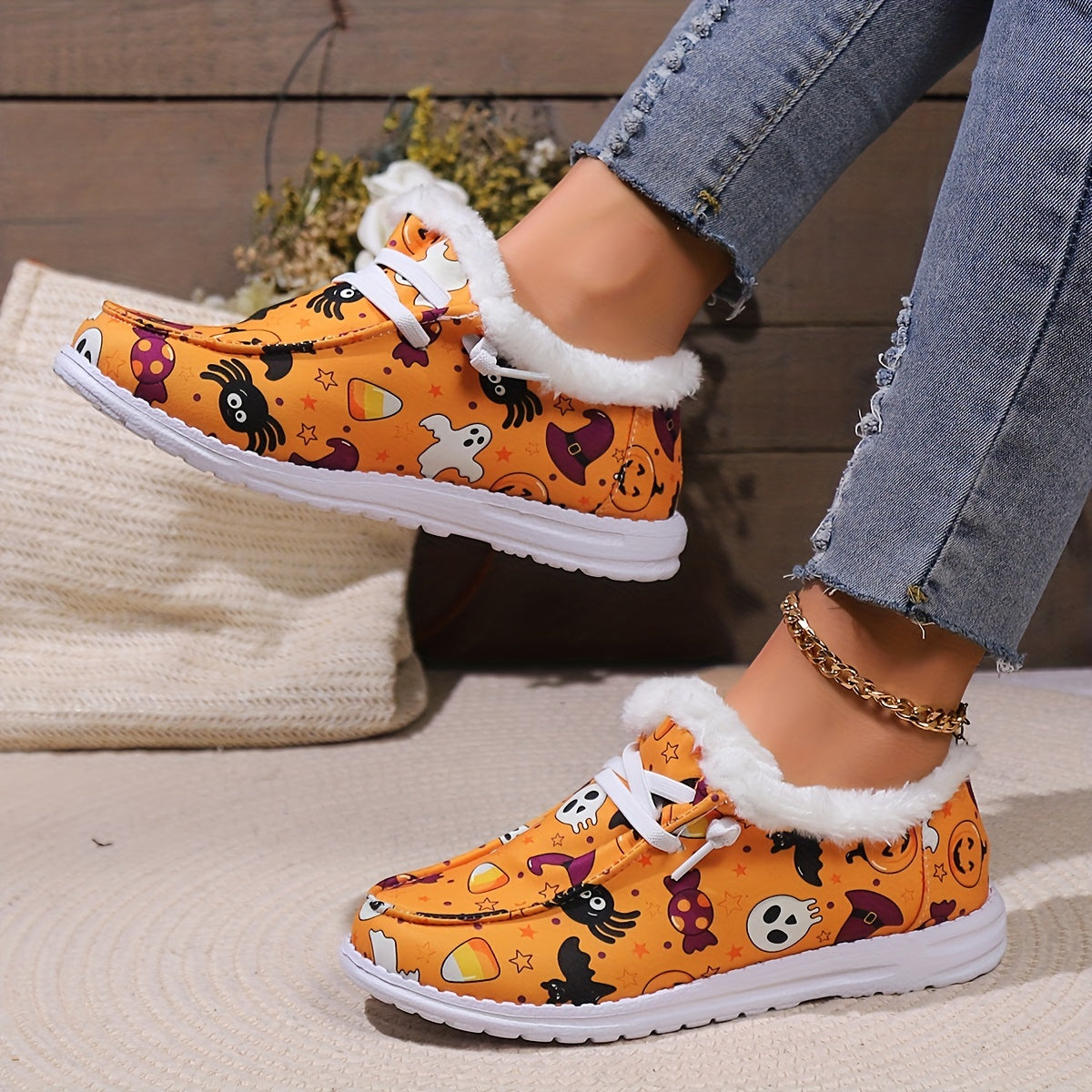 Halloween Horror Cat Pumpkin Print Plush Lined Furry Slip On Sneakers