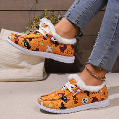 Halloween Horror Cat Pumpkin Print Plush Lined Furry Slip On Sneakers