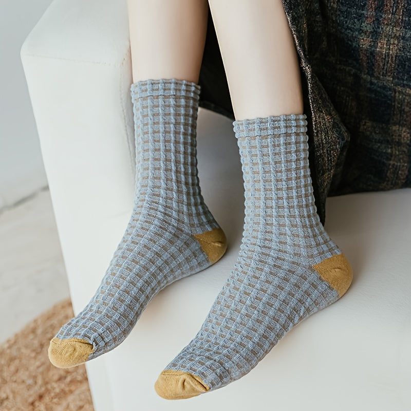5 Pairs Plaid Textured Socks Comfy & Breathable Women's Stockings