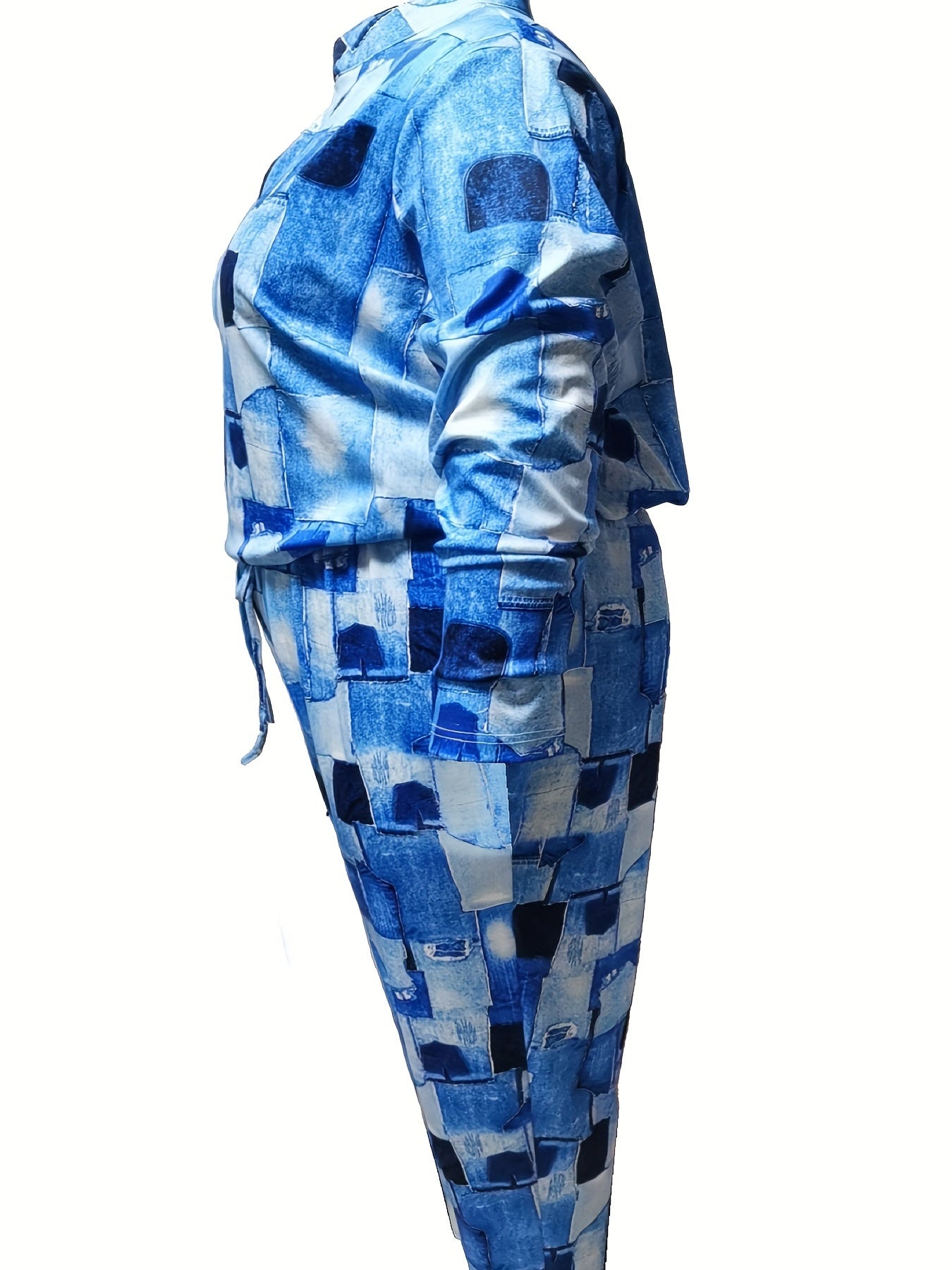 Women's Plus Denim Print Top & Pants Two Piece Set