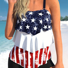 Flag Print Ruffle Trim Tankini Set