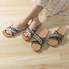 Geometric Pattern Linen Slides Crisscross Strap Open Toe Flat Shoes