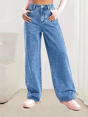 Loose Fit Straight Jeans Non Stretch Slash Pockets Baggy Denim Pants