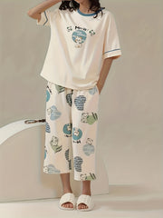 Cartoon Cat Pajama Set Short Sleeve Top & Capris Pants
