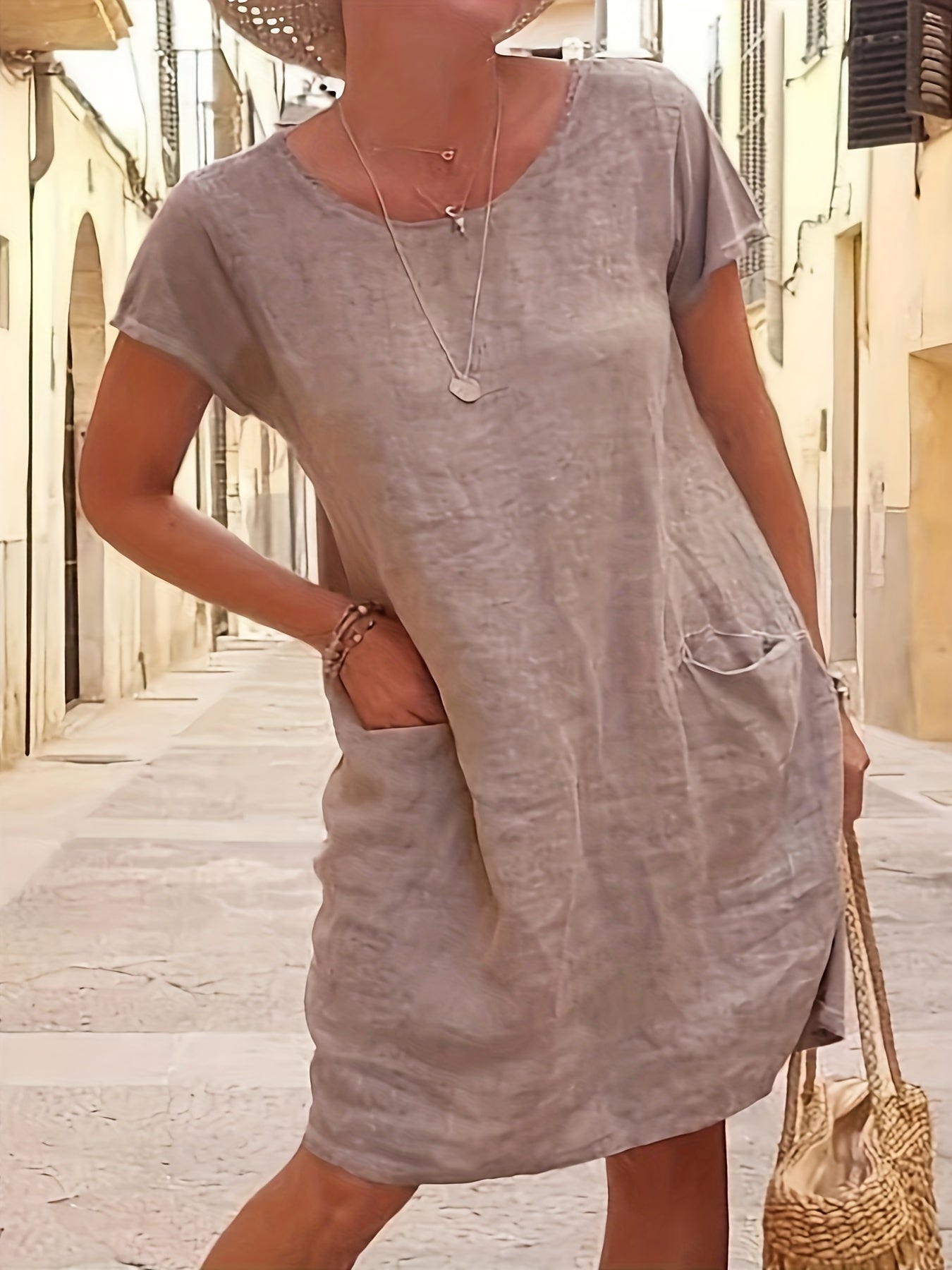 Round Neck Pocket Dress Casual Solid Short Sleeve Knee Length Dresses Women