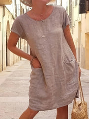 Round Neck Pocket Dress Casual Solid Short Sleeve Knee Length Dresses Women