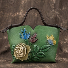Vintage Red Leather Women's Handbag with Floral Embossing