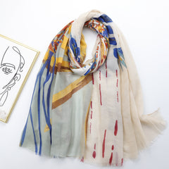 Boho Rainforest Print Scarf Block Frayed Edge Shawl
