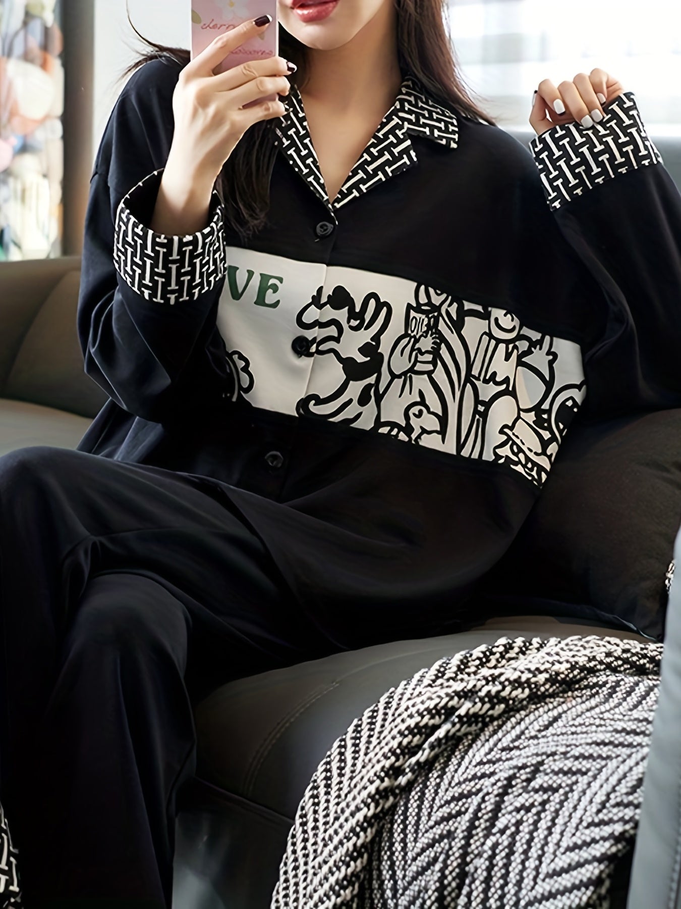 Cartoon Print Lounge Set Long Sleeve Top & Pants