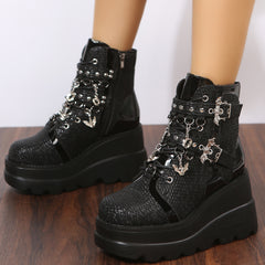 Geometric Pattern Wedge Heel Boots Side Zip Comfort Platform Short Boot