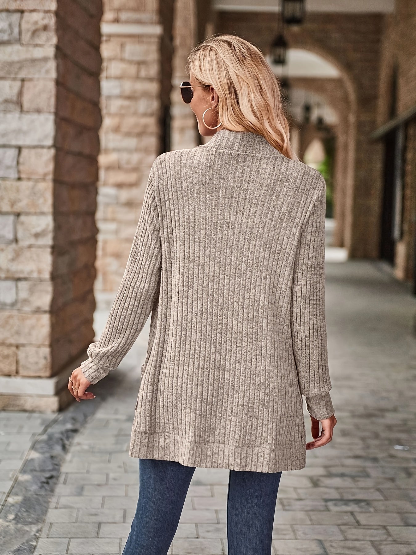 Ribbed Long Sleeve Open Front Cardigan With Pockets