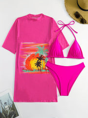 Tropical Print Bikini Set with Mesh Cover Up