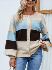 Women's Plus Colorblock Lantern Sleeve Button Up Cardigan
