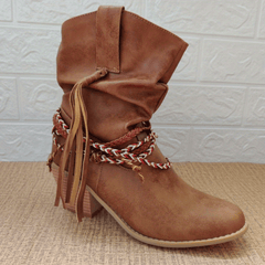 Women's Tassel Western Boots Straw Woven Chunky Heel Cowboy Shoes