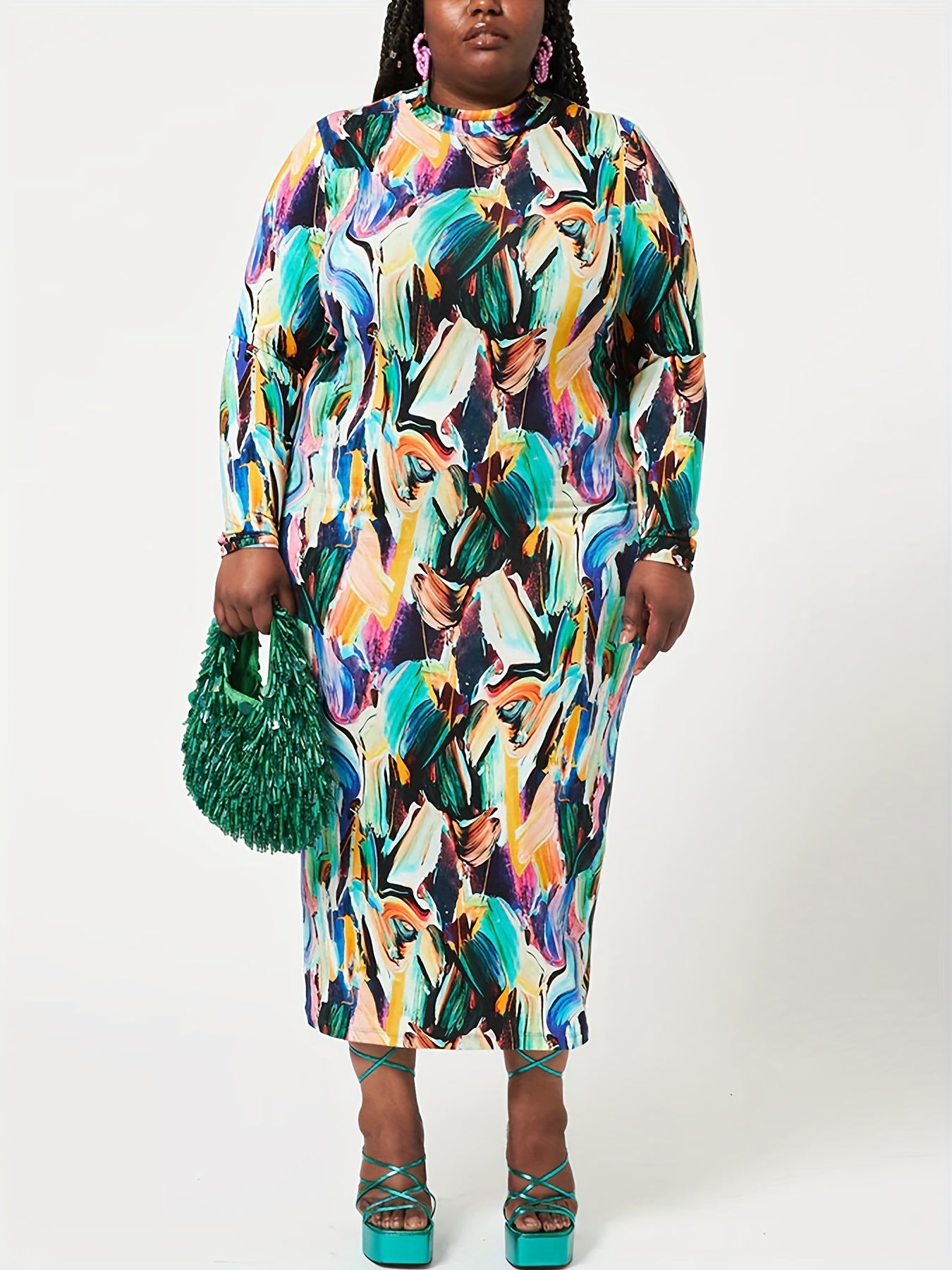 Allover Print Long Sleeve Mock Neck Dress