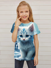 Sweet Cat Graphic Short Sleeve T shirt for Girls Summer Gift