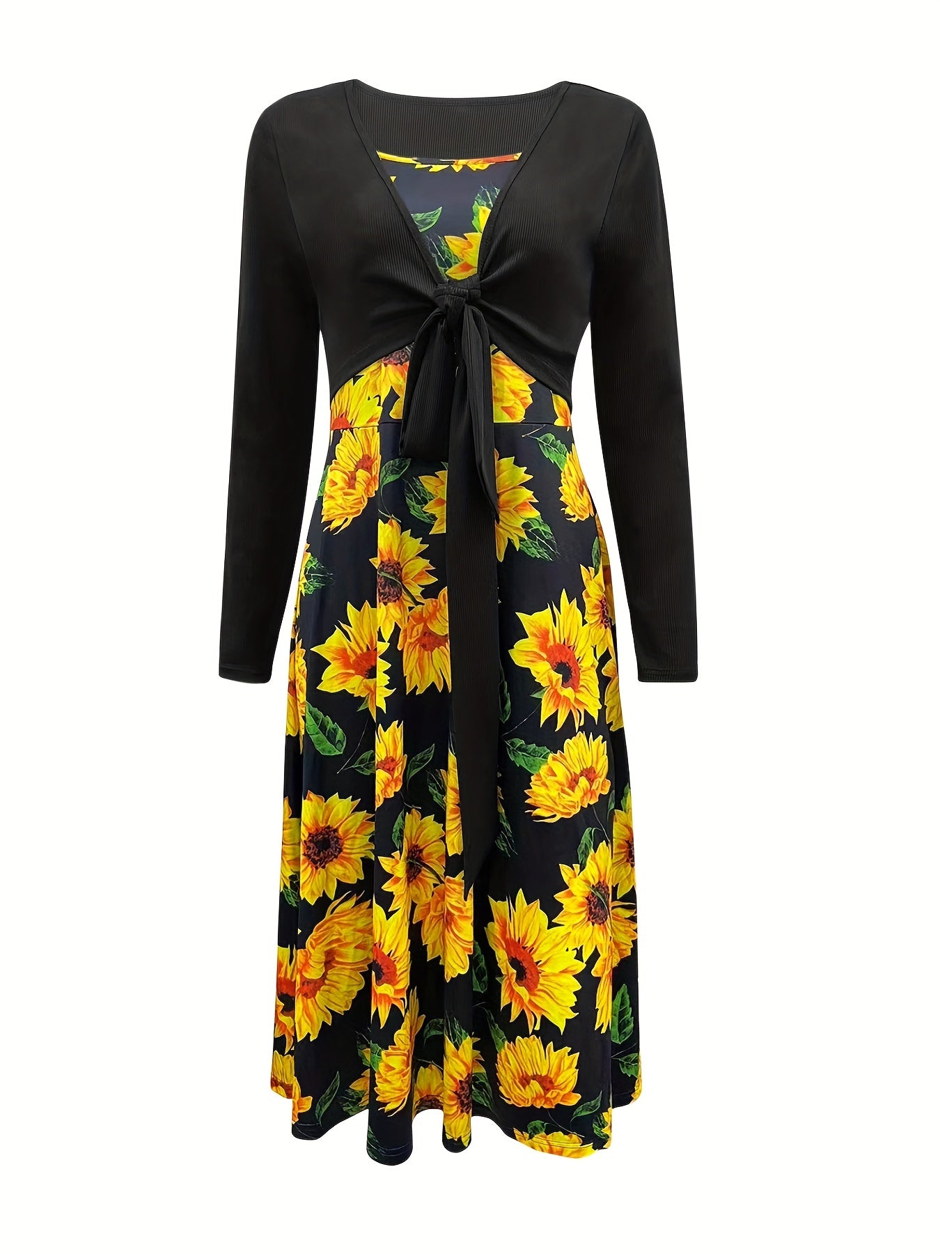 Casual Two Piece Set Knotted Open Front Tops & Sunflower Print Dress