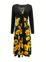 Casual Two Piece Set Knotted Open Front Tops & Sunflower Print Dress