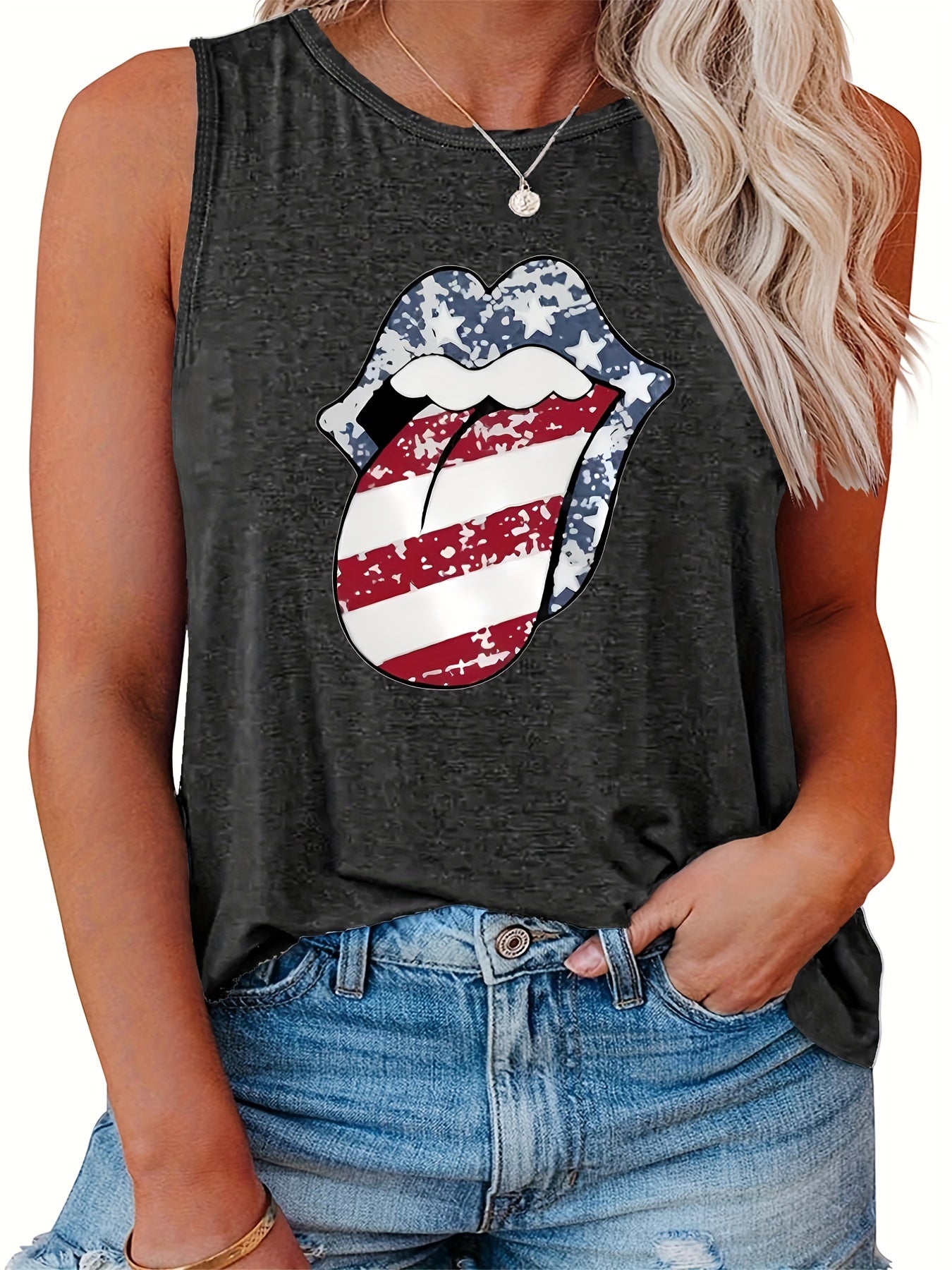 Flag Lip Print Tank Top Round Neck