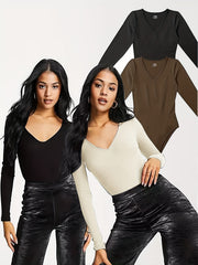 3 Pc Set Sexy Ribbed T shirt V neck Long Sleeved Tight Fitting