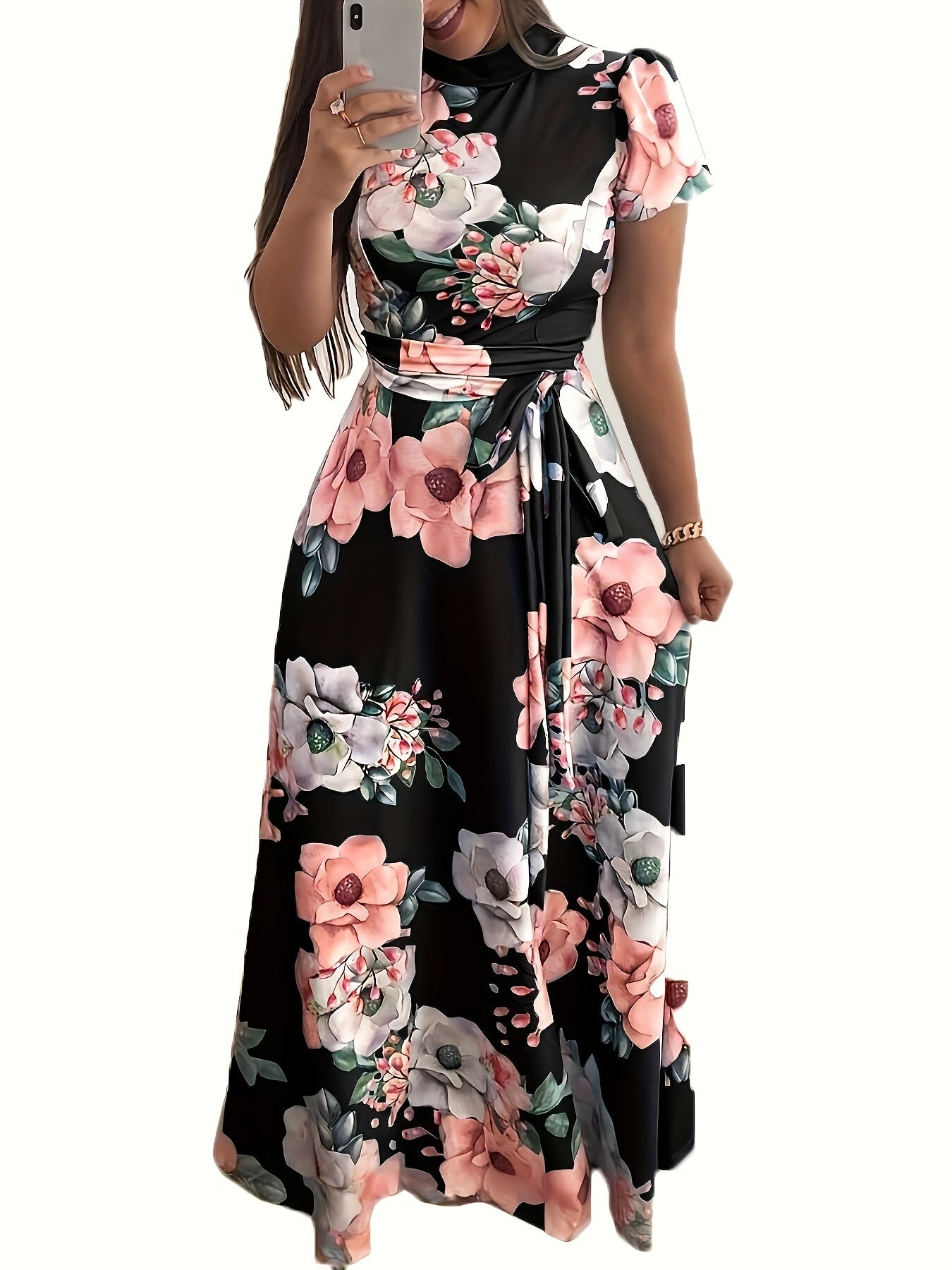 Floral Print Short Sleeve Stretch Dress