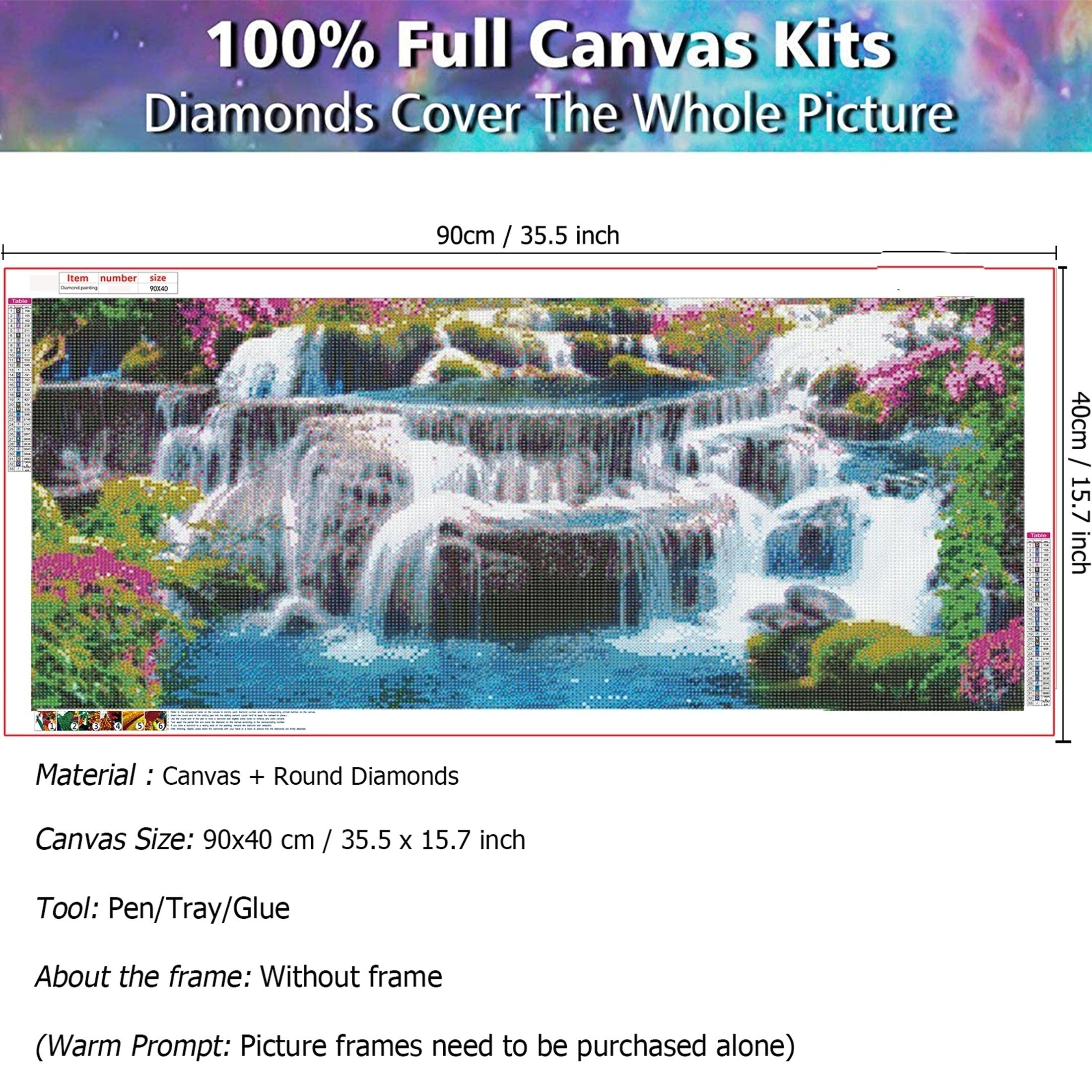 Large Waterfall 5D Diamond Painting Kit 90x40cm Full Round Drill DIY Crystal Rhi