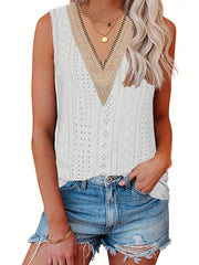 Lace Eyelet Top V Neck Sleeveless Top Women's Clothing