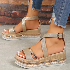 Glitter Platform Espadrille Sandals Cross Ankle Strap Wedge Sandals