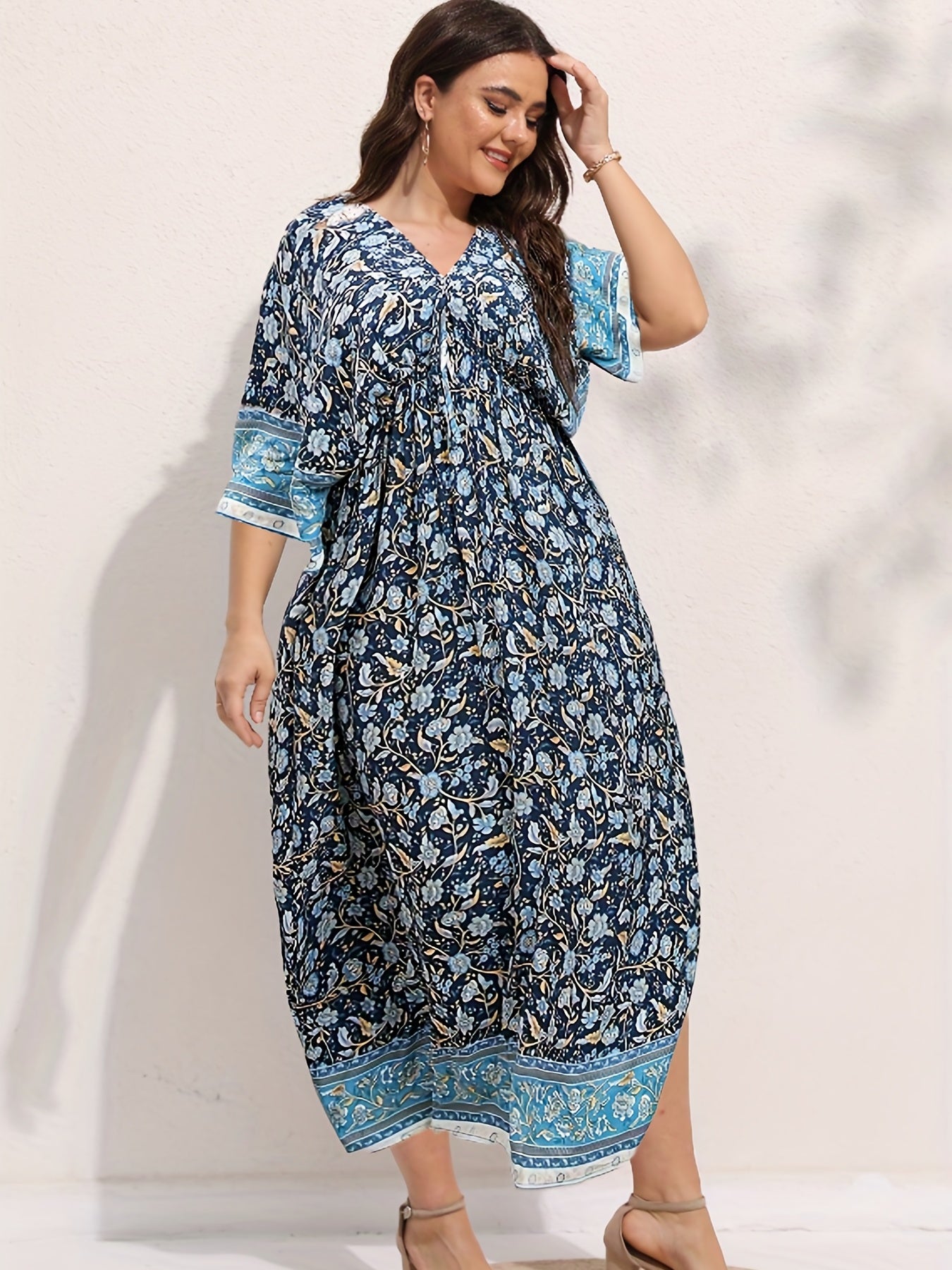 Boho Dress Women's Plus Floral Print Drawstring Backless Maxi Dress