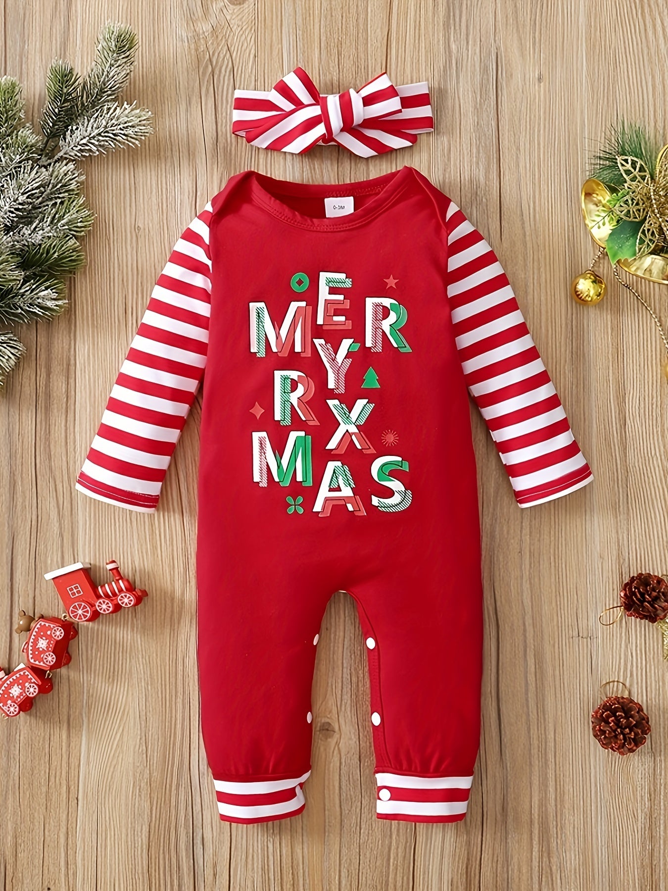 Christmas Letter Print Striped Bodysuit & Headband Baby Set