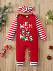 Christmas Letter Print Striped Bodysuit & Headband Baby Set