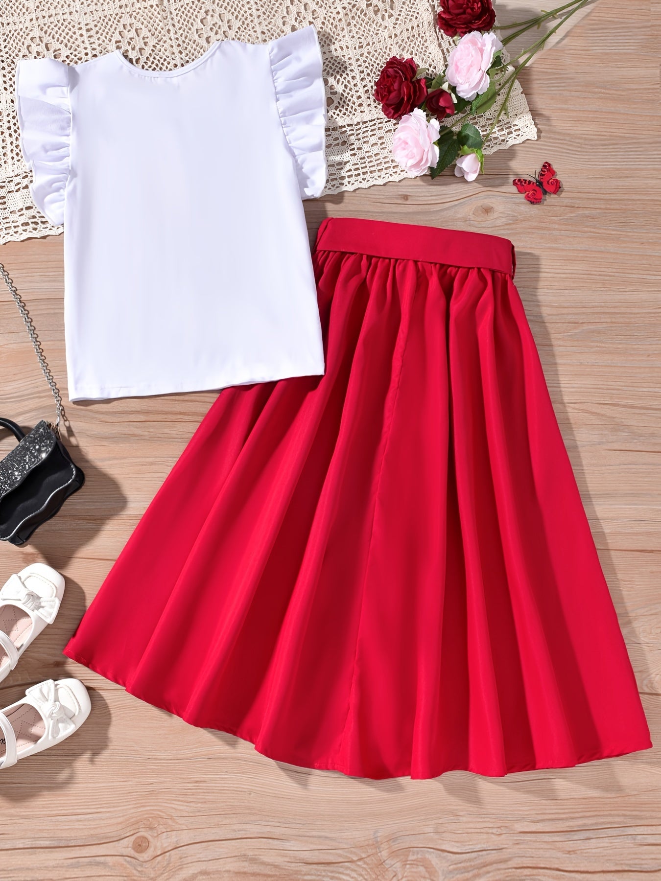2pc Toddler Girls Butterfly Sleeve T-shirt & Belted Button Skirt Set