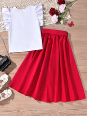 2pc Toddler Girls Butterfly Sleeve T-shirt & Belted Button Skirt Set