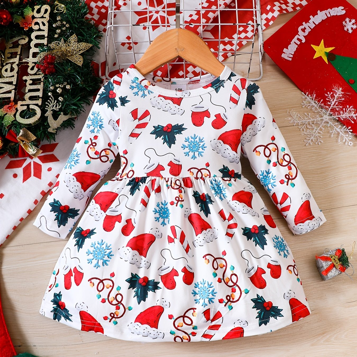 Toddler Girls Christmas Full Print Long Sleeve Dress