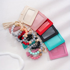 Men's Silicone Bead Bracelet Card Holder with Tassel Keychain