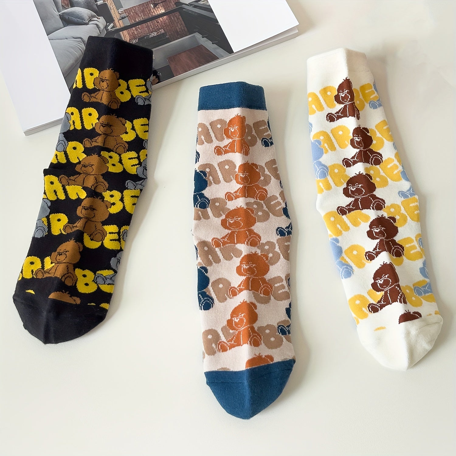3 Pairs Cute Bear Print Socks Mid Tube Women's Stockings
