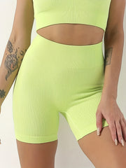 High Waist Ribbed Yoga Shorts Butt Lifting Sweat Absorbing Breathable Elastic