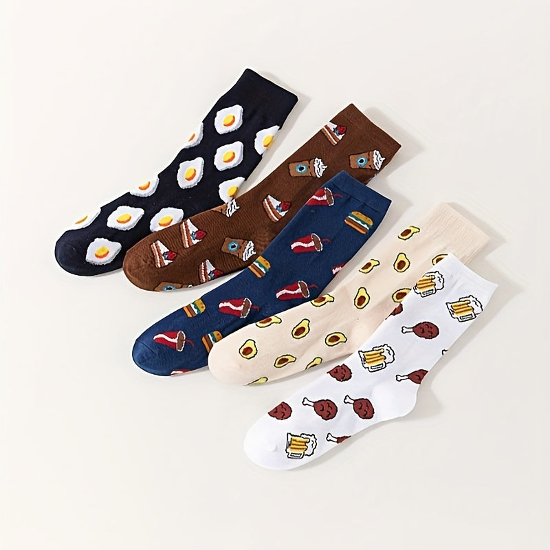 5 Pairs Plus Size Crew Socks Set Women's Plus Funny Cartoon Print