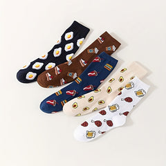 5 Pairs Plus Size Crew Socks Set Women's Plus Funny Cartoon Print