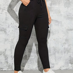 Solid Skinny Pants Drawstring Waist Flap Pocket Casual Pants
