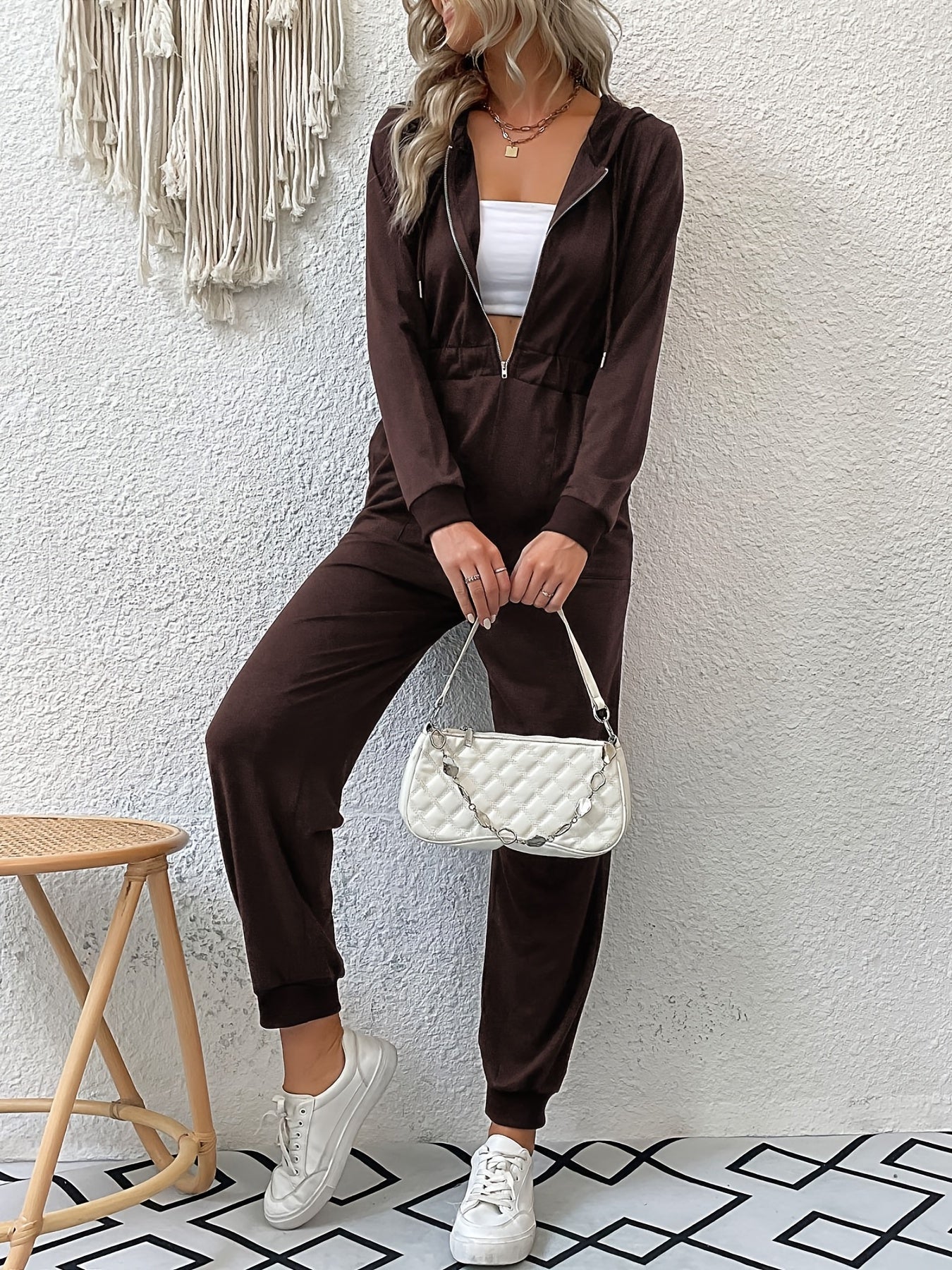Hooded Drawstring Jumpsuit Long Sleeve Running Jumpsuit