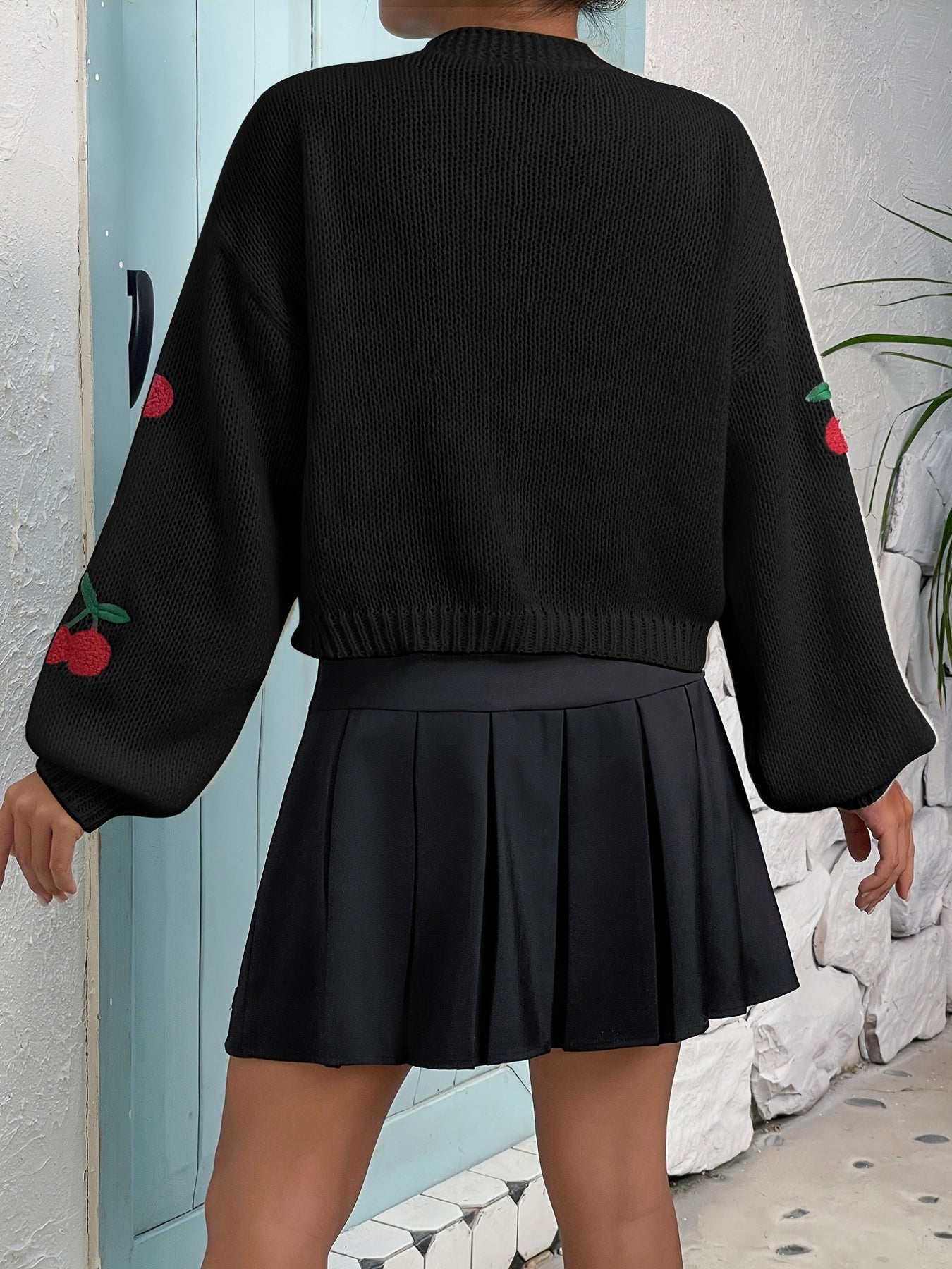 Y2K Cherry Embroidered Knit Cardigan Open Front Long Sleeve Sweater